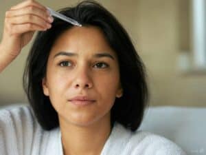 woman applying hair loss medication on her hairline