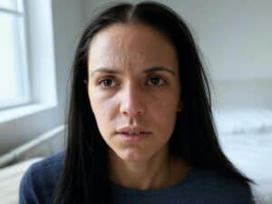 woman with high hairline worried